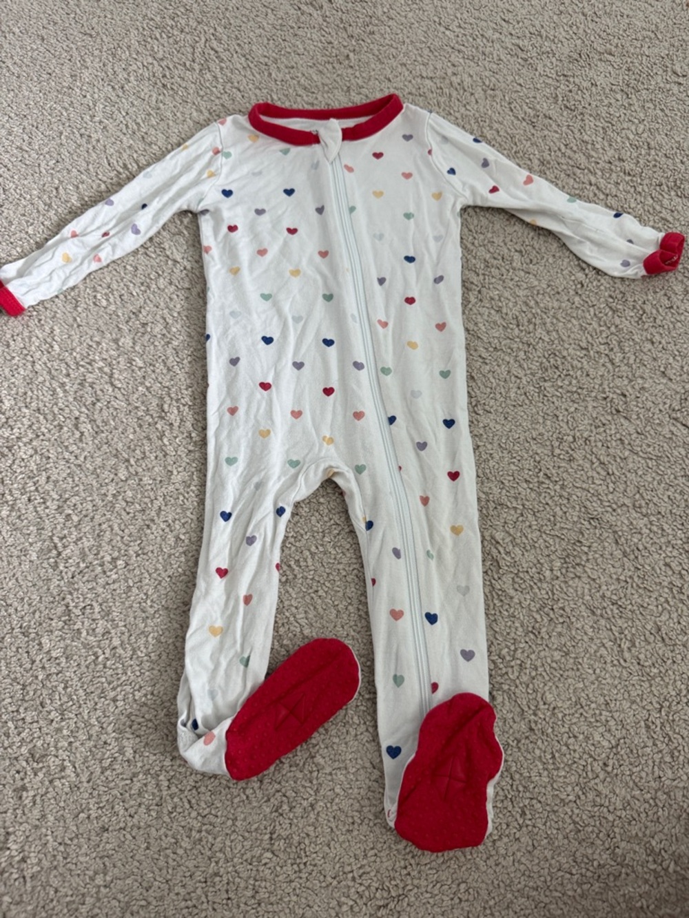 Kyte BABY White Footed One-Piece with Multicolor Hearts and Red Trim